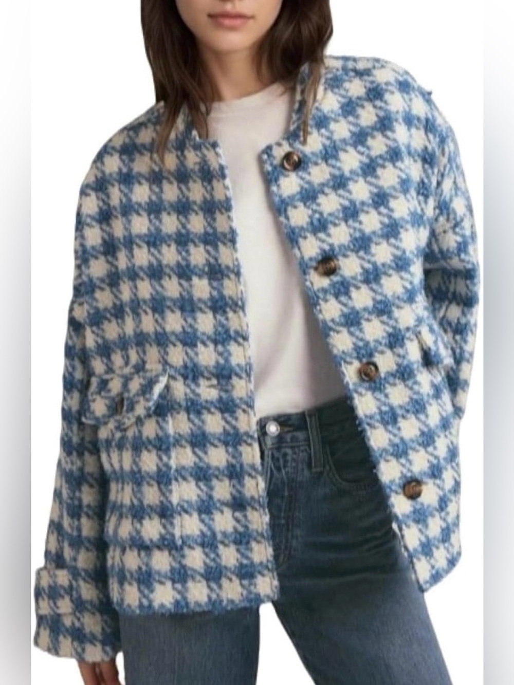 Chartou NWOT Blue White S OVERSIZED Houndstooth Button-Front FLAP POCKETS JACKET